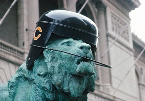 Lion statue with helmet