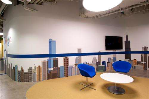 Large view of the fabricated Chicago skyline in Google's Chicago-based office.