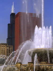Buckingham Fountain in Grant Park, Chicago.  Sears Tower is in the background.